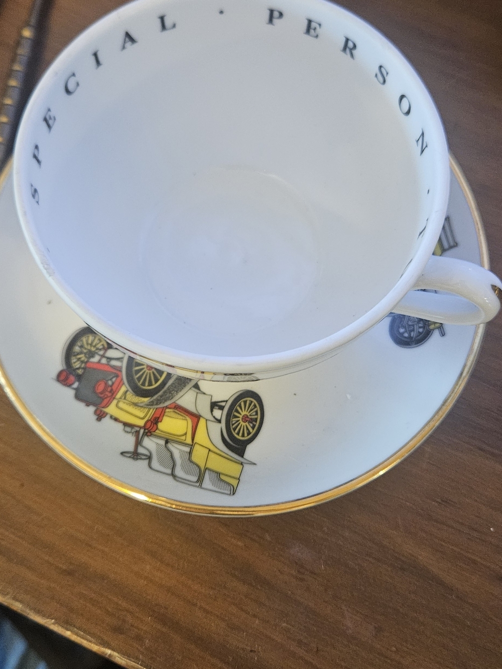 Princess House White Teacup & Saucer with Vintage Car Motif and Gold Trim